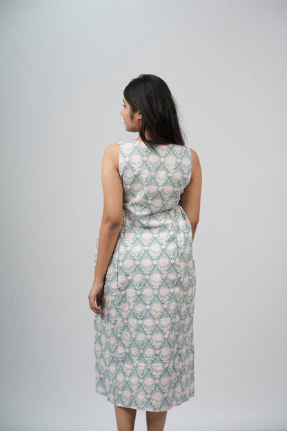 Pale Blue & Grey Damask Cotton Sleeveless A-Line Dress