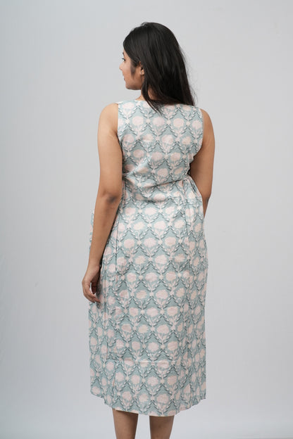 Pale Blue & Grey Damask Cotton Sleeveless A-Line Dress