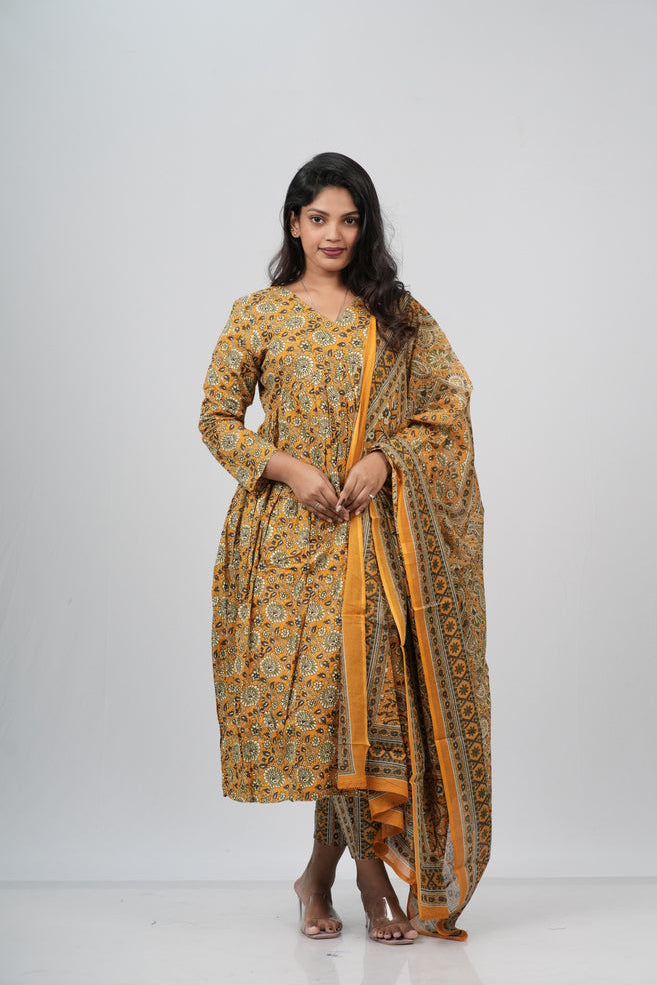 Mustard Floral Cotton Alia Cut Suit Set