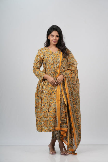 Mustard Floral Cotton Alia Cut Suit Set