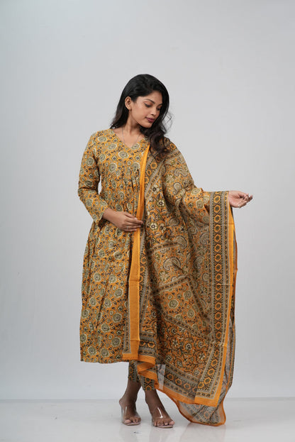 Mustard Floral Cotton Alia Cut Suit Set
