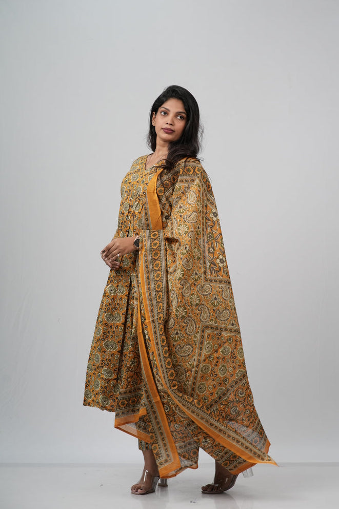 Mustard Floral Cotton Alia Cut Suit Set