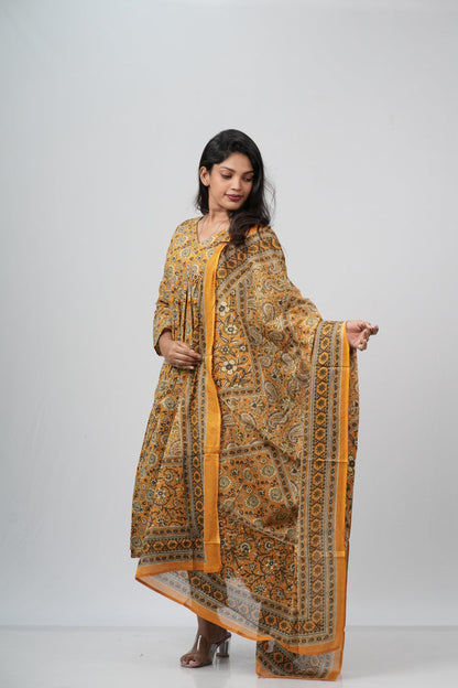 Mustard Floral Cotton Alia Cut Suit Set