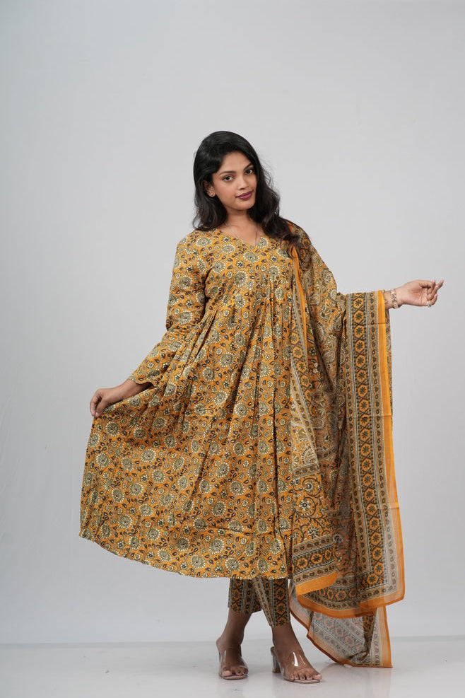 Mustard Floral Cotton Alia Cut Suit Set