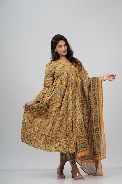Mustard Floral Cotton Alia Cut Suit Set