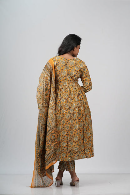 Mustard Floral Cotton Alia Cut Suit Set