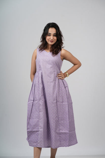 Lavender Micro-Buti Cotton Sleeveless A-Line Dress