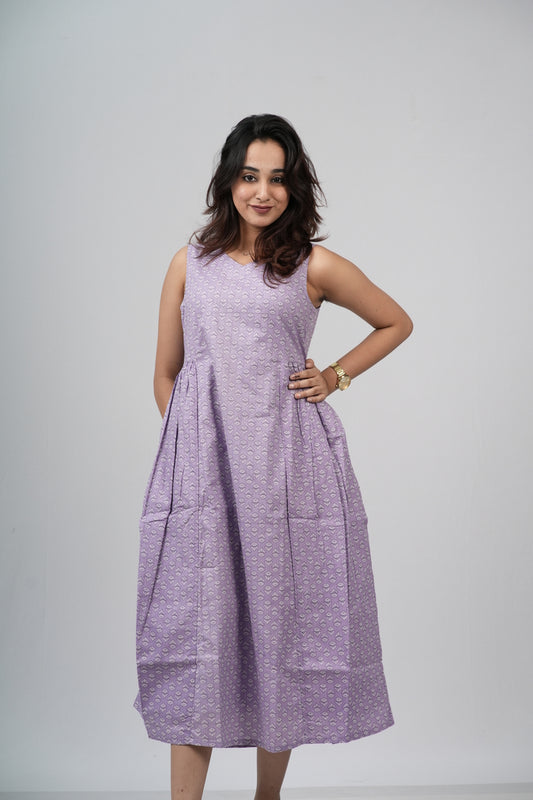 Lavender Micro-Buti Cotton Sleeveless A-Line Dress