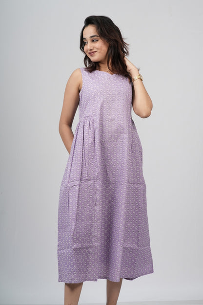 Lavender Micro-Buti Cotton Sleeveless A-Line Dress