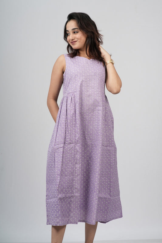 Lavender Micro-Buti Cotton Sleeveless A-Line Dress