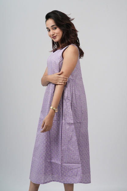 Lavender Micro-Buti Cotton Sleeveless A-Line Dress