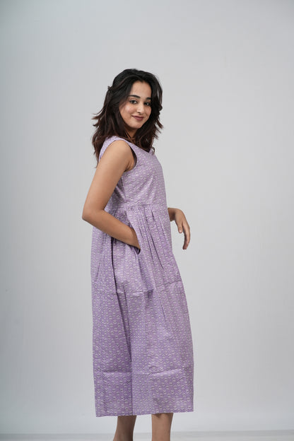Lavender Micro-Buti Cotton Sleeveless A-Line Dress