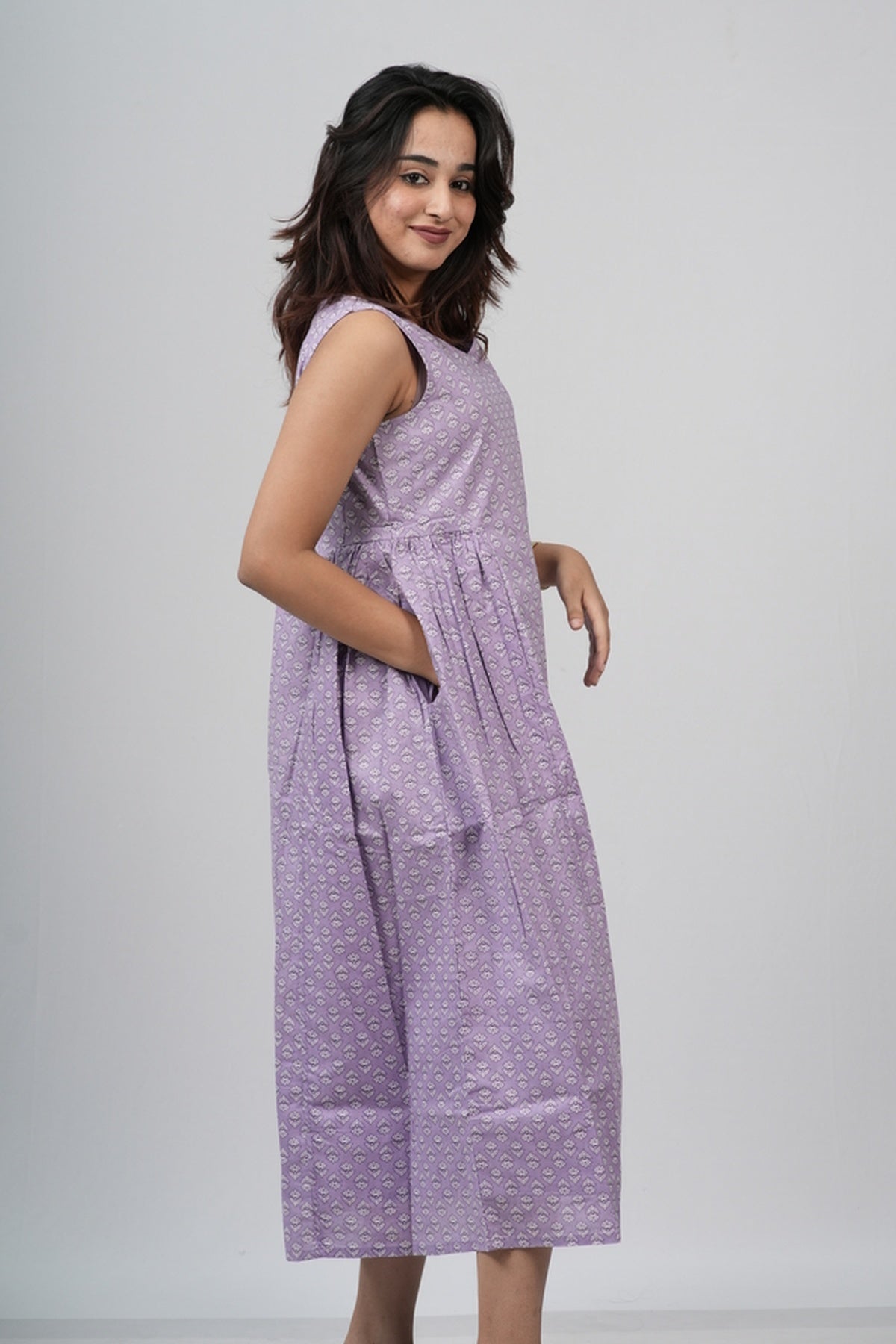 Lavender Micro-Buti Cotton Sleeveless A-Line Dress
