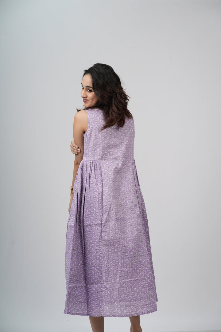 Lavender Micro-Buti Cotton Sleeveless A-Line Dress