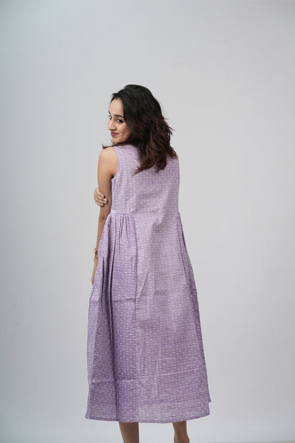 Lavender Micro-Buti Cotton Sleeveless A-Line Dress