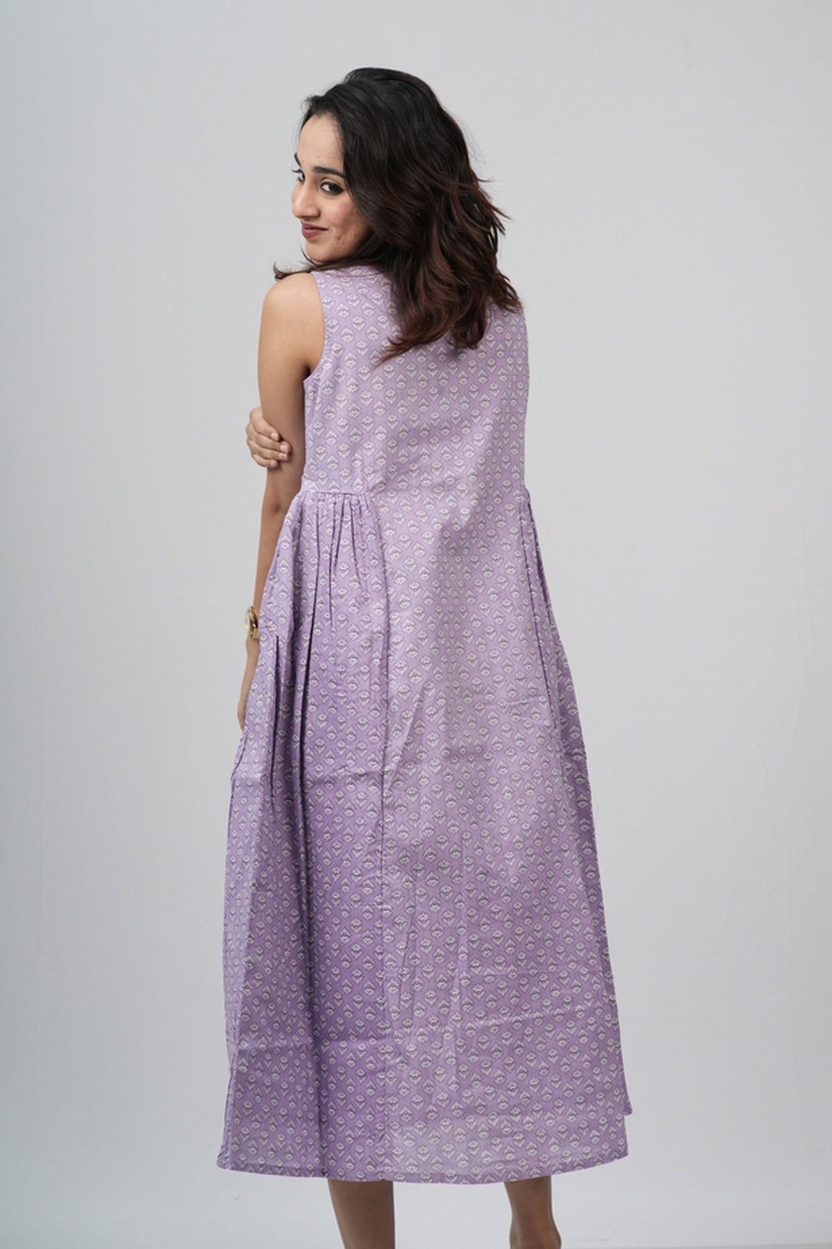 Lavender Micro-Buti Cotton Sleeveless A-Line Dress