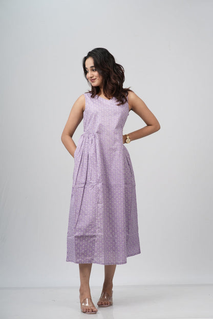 Lavender Micro-Buti Cotton Sleeveless A-Line Dress