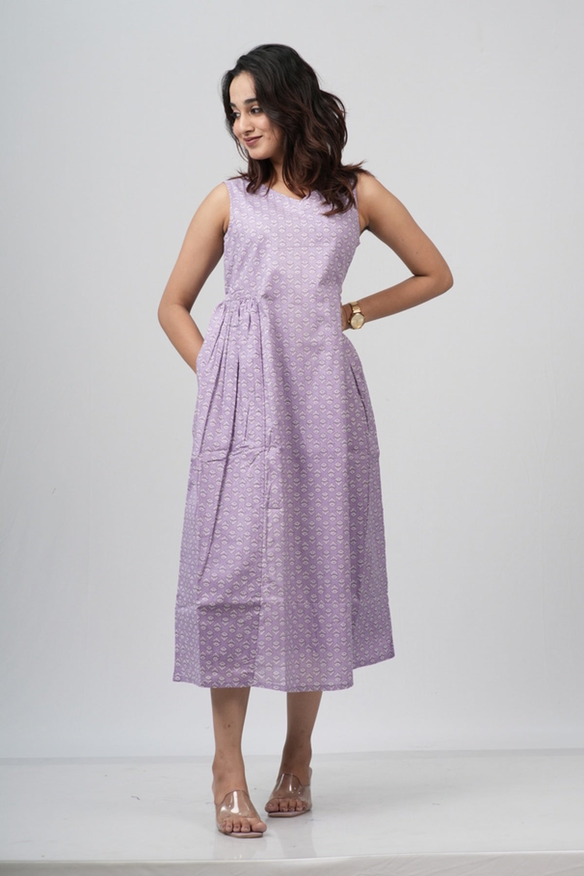 Lavender Micro-Buti Cotton Sleeveless A-Line Dress