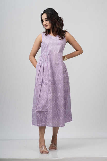 Lavender Micro-Buti Cotton Sleeveless A-Line Dress