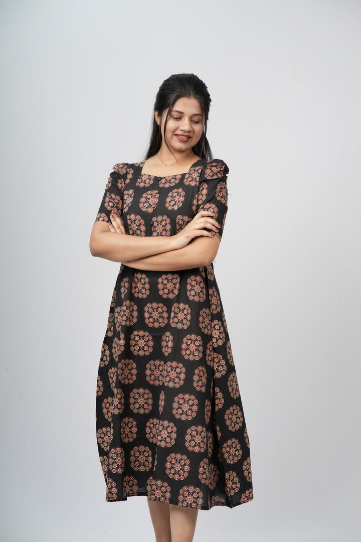 Black & Terracotta Ajrakh Cotton A-Line Dress