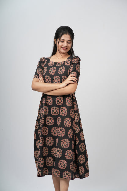 Black & Terracotta Ajrakh Cotton A-Line Dress