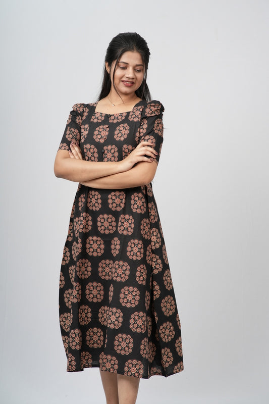 Black & Terracotta Ajrakh Cotton A-Line Dress