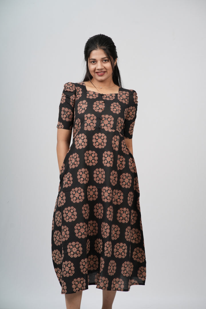 Black & Terracotta Ajrakh Cotton A-Line Dress