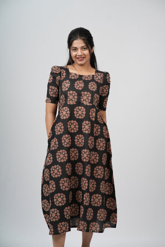 Black & Terracotta Ajrakh Cotton A-Line Dress