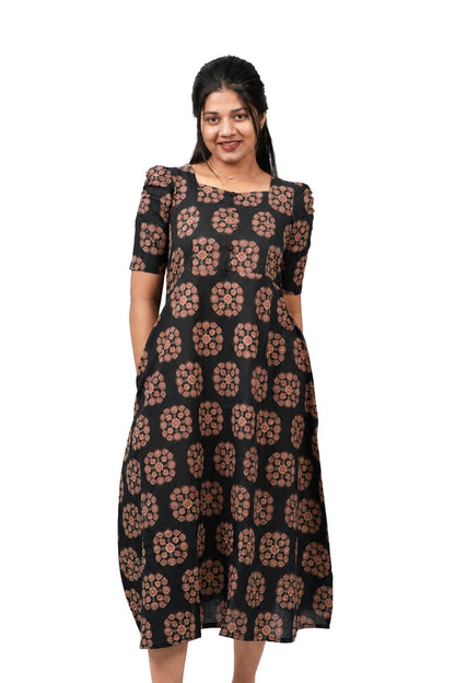 Black & Terracotta Ajrakh Cotton A-Line Dress