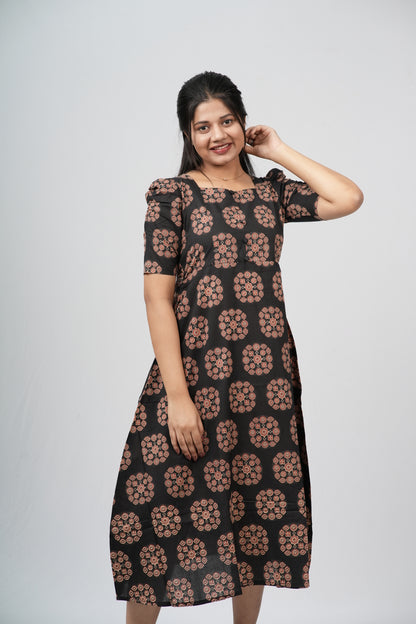 Black & Terracotta Ajrakh Cotton A-Line Dress