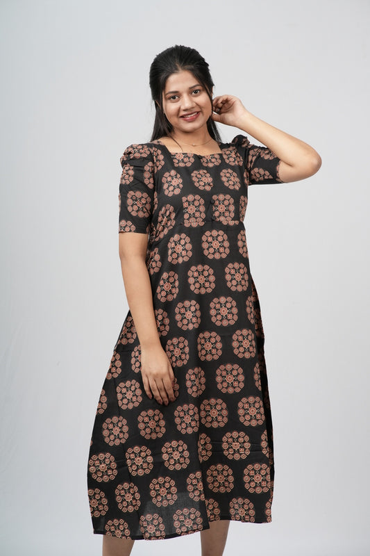 Black & Terracotta Ajrakh Cotton A-Line Dress