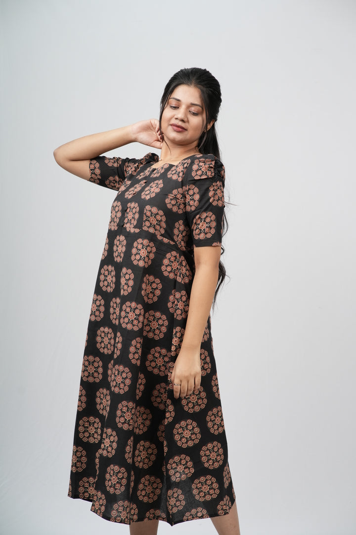Black & Terracotta Ajrakh Cotton A-Line Dress