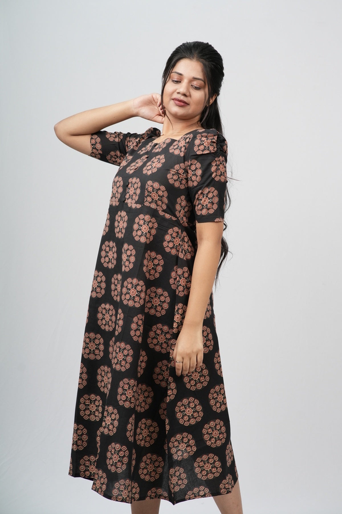 Black & Terracotta Ajrakh Cotton A-Line Dress