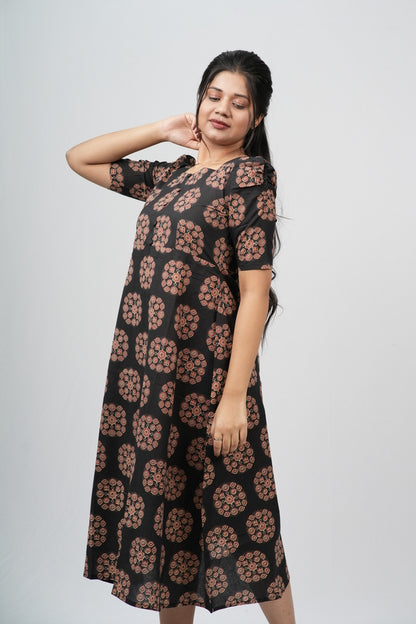 Black & Terracotta Ajrakh Cotton A-Line Dress