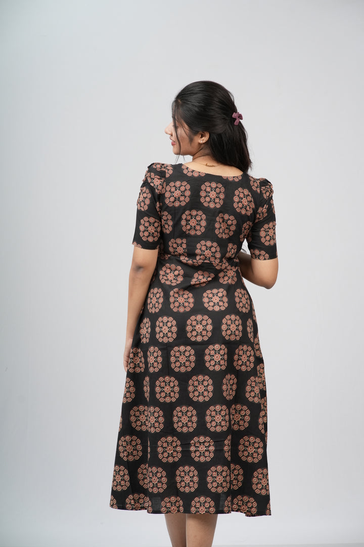 Black & Terracotta Ajrakh Cotton A-Line Dress