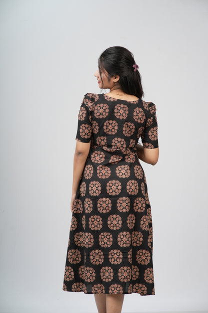 Black & Terracotta Ajrakh Cotton A-Line Dress