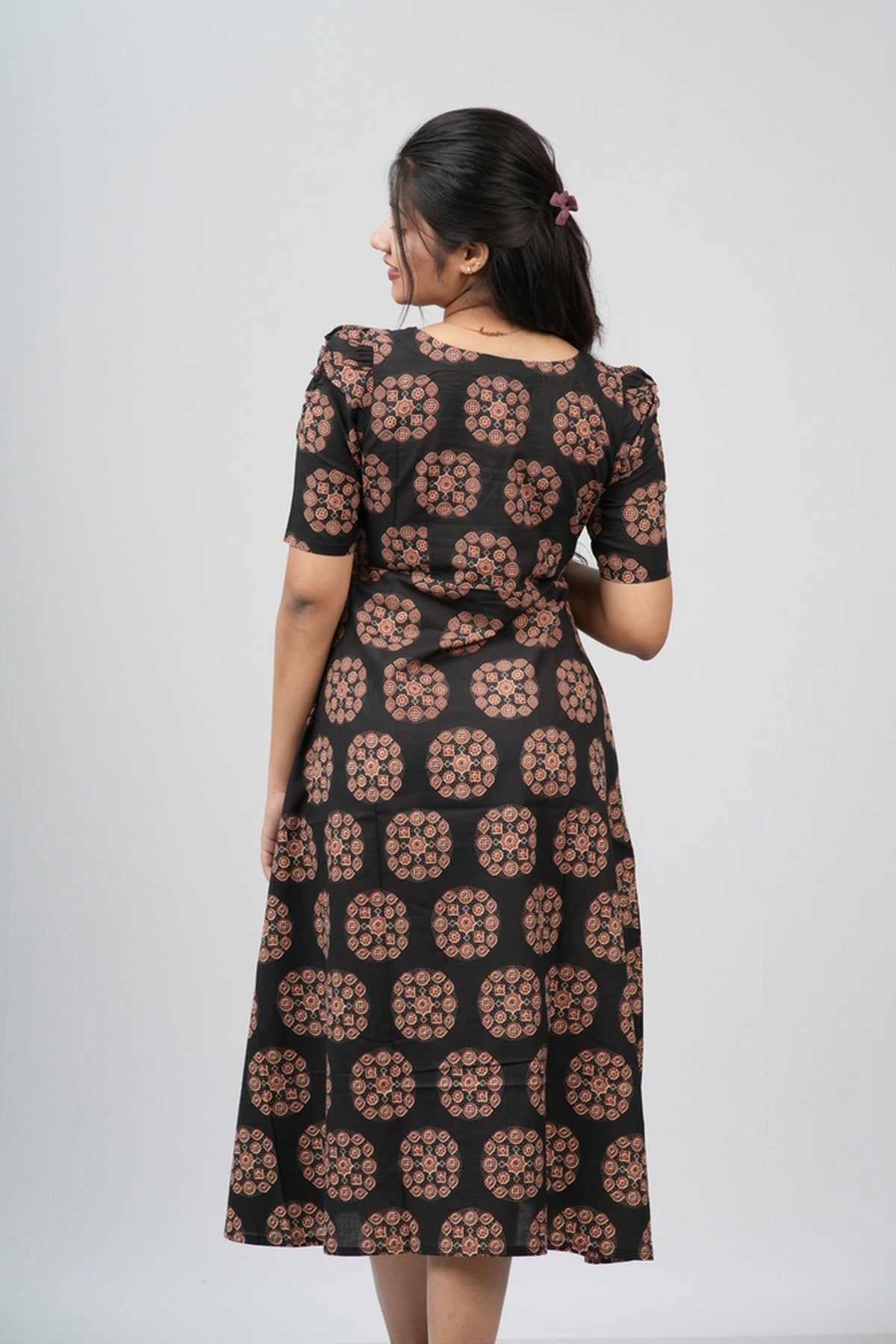 Black & Terracotta Ajrakh Cotton A-Line Dress