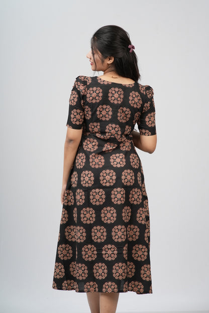 Black & Terracotta Ajrakh Cotton A-Line Dress