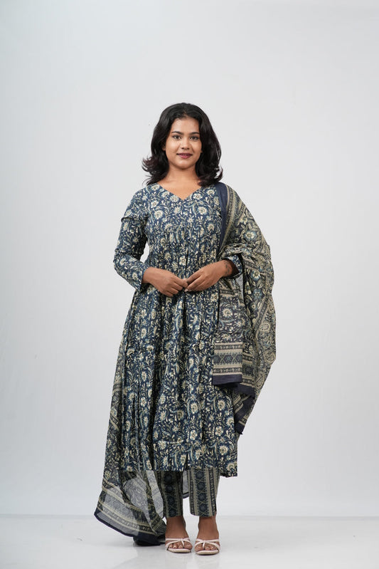 Indigo Floral Cotton Alia Cut Suit Set