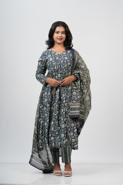 Indigo Floral Cotton Alia Cut Suit Set