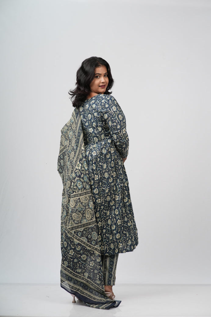 Indigo Floral Cotton Alia Cut Suit Set