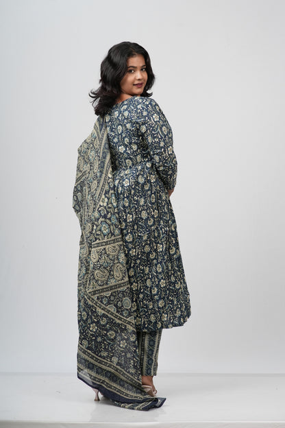 Indigo Floral Cotton Alia Cut Suit Set