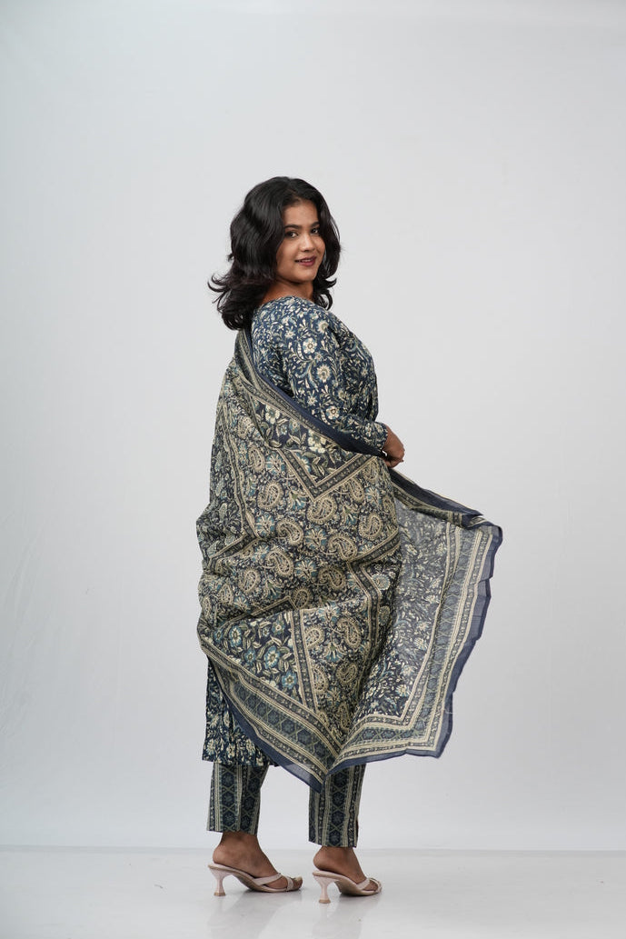 Indigo Floral Cotton Alia Cut Suit Set