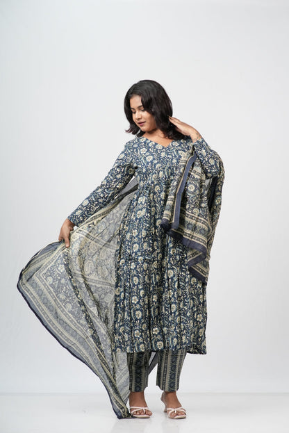 Indigo Floral Cotton Alia Cut Suit Set