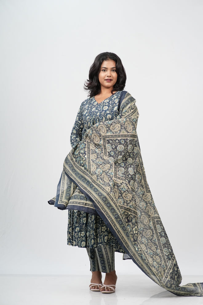Indigo Floral Cotton Alia Cut Suit Set