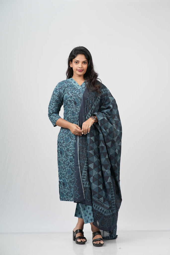 Teal Blue Floral Cotton Straight Suit Set