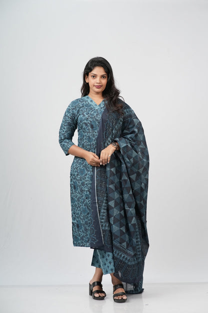 Teal Blue Floral Cotton Straight Suit Set