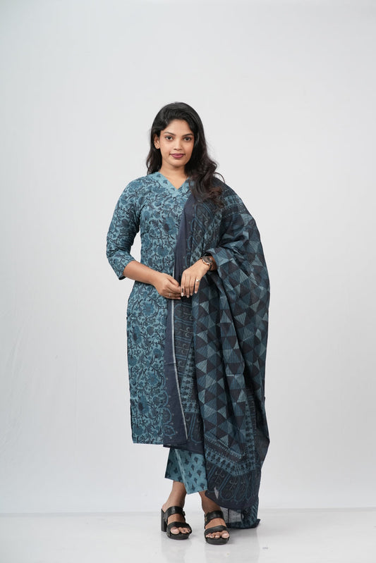Teal Blue Floral Cotton Straight Suit Set