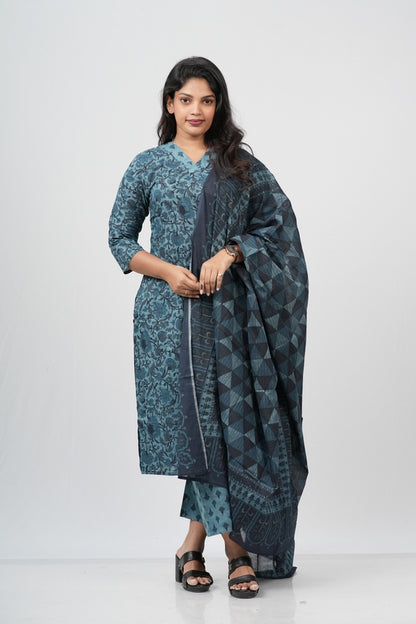 Teal Blue Floral Cotton Straight Suit Set