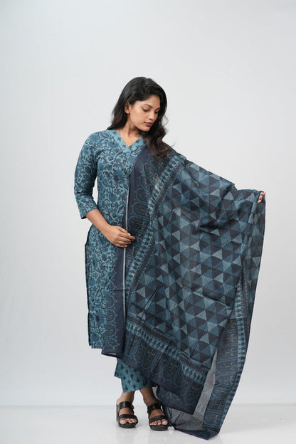 Teal Blue Floral Cotton Straight Suit Set